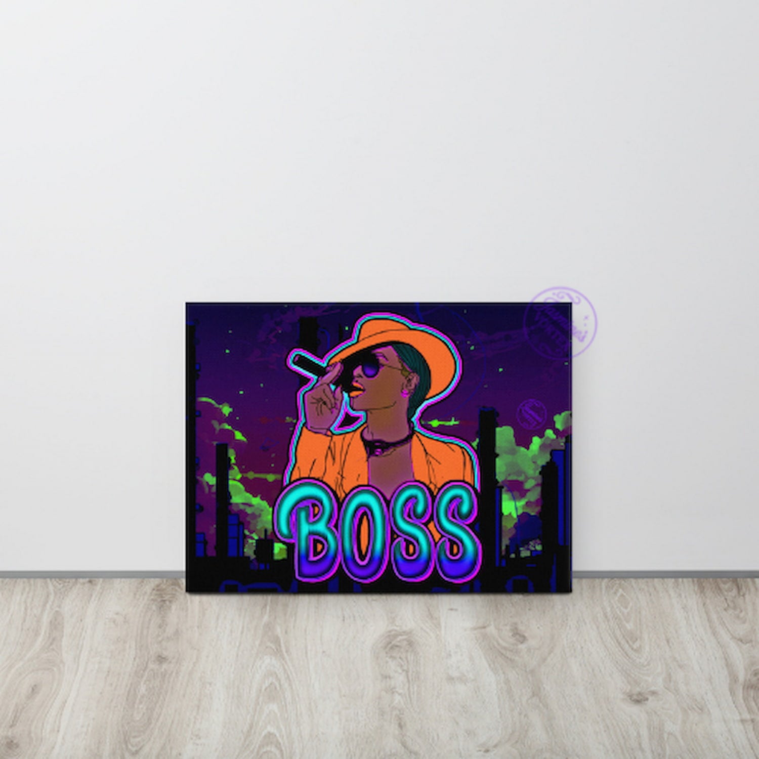 Clean framed view of Boss Energy art size against the wall